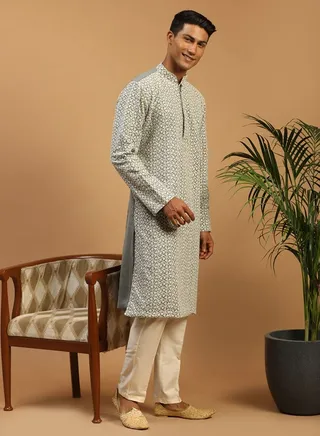 Men's Grey And Cream Georgette Kurta Pyjama Set 