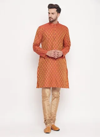 Men's Red And Rose Gold Silk Blend Kurta Pyjama Set 