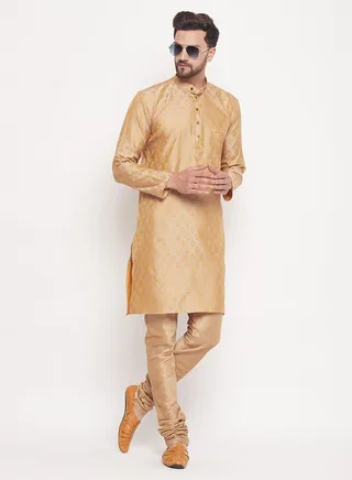 Men's Beige And Rose Gold Silk Blend Kurta Pyjama Set 