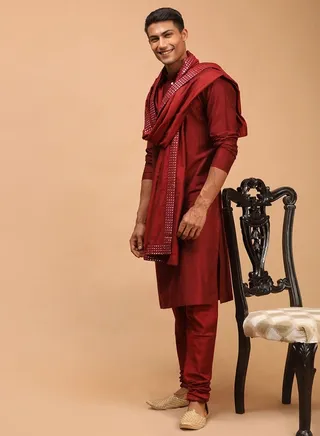 Men's Maroon Viscose Kurta, Pyjama & Dupatta Set 