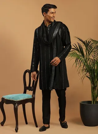 Men's Black Viscose Kurta, Pyjama & Dupatta Set 