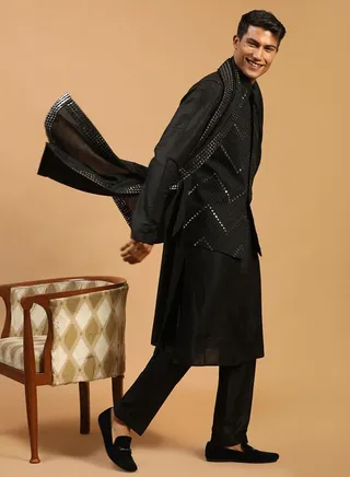 Men's Black Viscose Jacket, Kurta and Pyjama Set 