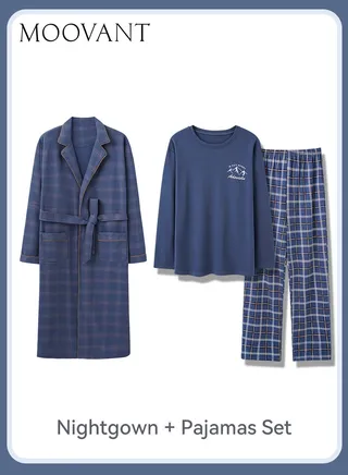 3-Piece Men's Pajamas Set Skin-friendly Cotton Home Wear Set Lattice Simple Robe Long Cotton Sleepwear Suit Soft Men Pyjamas Set Loose Skin Friendly Loungewear Blue 