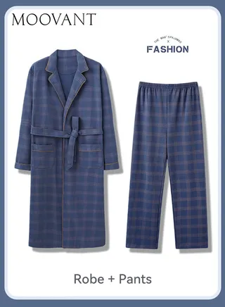 2-Piece Men's Pajamas Set Skin-friendly Cotton Home Wear Set Lattice Simple Robe Long Cotton Sleepwear Pants Suit Soft Men Pyjamas Set Comfortable Loose Loungewear Blue 