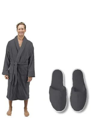 Soft cotton bathrobe with a pocket waist belt and slipper in an elegant design in gray color 