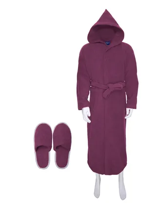 Soft cotton unisex bathrobe with a pocket and a waist belt with a distinctive slipper in an elegant design, burgundy color, multiple sizes 