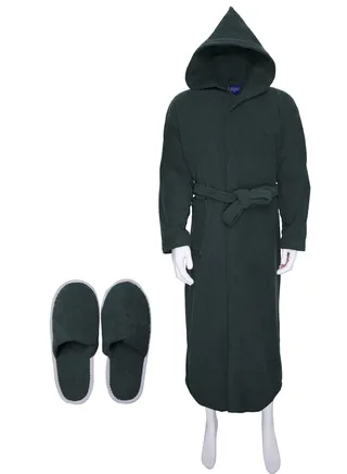Soft cotton unisex bathrobe with a pocket and a waist belt with a distinctive slipper in an elegant design, gray color, multiple sizes 