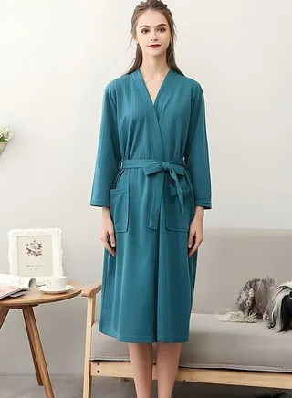 Ladies Waffle Woven Bathrobes with Belts, Cotton Robes, Light and Breathable Women's Gowns L 