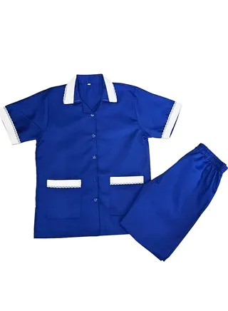 Maid Uniform with Buttons Top and Pants Royal Blue Domestic Helper Uniform 