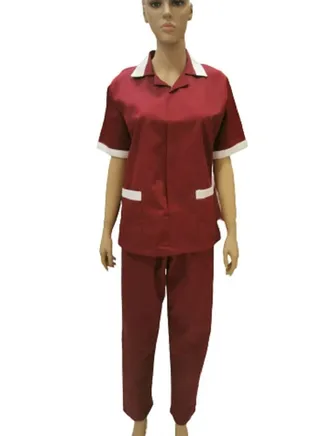 Maid Uniform with Zipper Top and Pants Maroon Domestic Helper Uniform 