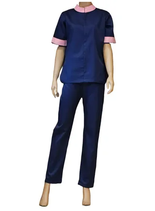 Mandarin collar beautiful design Uniform for Housemaids, beauty salon staff. Navy Blue with Pink Collar 