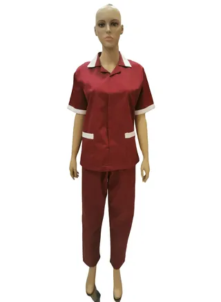 Maid Uniform with Zipper Top and Pants Maroon Domestic Helper Uniform 
