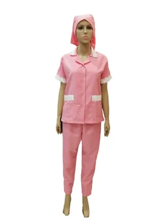 Maid Uniform with Button Top and Pants Pink Domestic Helper Uniform 