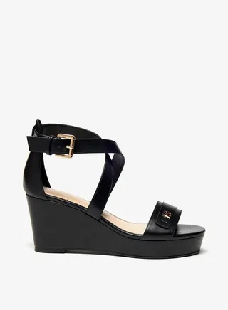 Women Cross Strap Wedge Heeled Sandals with Buckle Closure 