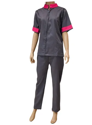 Mandarin collar beautiful design Uniform for Housemaids, beauty salon staff. Grey with Fushia Collar 