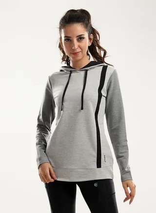 Front Patched Black Line Heather Grey Sportive Hoodie 