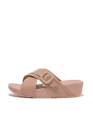 049-797 FITFLOP Ladies Sandals HO1-A86 Lulu Crystal-Buckle Leather Cross Slides - Beige Buff 