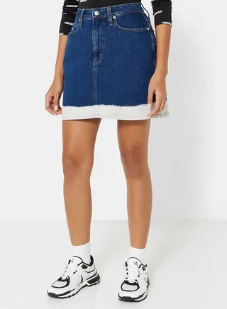 Bleached Hem Denim Skirt Blue 