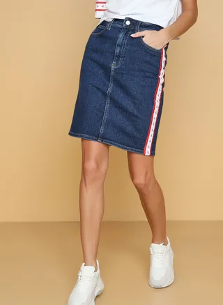 Side Tape Denim Pencil Skirt Blue 