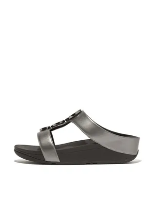 049-795 FITFLOP Ladies Sandals HJ2-B06 Halo Bead-Circle Metallic H-Bar Slides - Pewter Black 