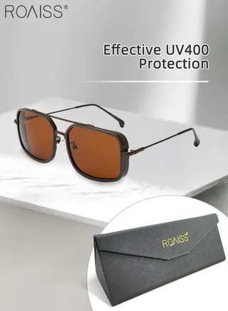 Men's Square Sunglasses UV400 Protection Sun Glasses with Alloy Frame Fashion Anti-Glare Sun Shades for Men Driving Fishing Traveling Brown Lens 
