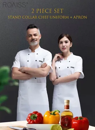 2-Piece Chef Uniform And Apron Set Unisex Stand-Collar Long-Sleeved Double-Breasted Top And Matching Apron In The Same Color 