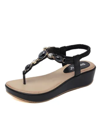 National Style Beach boho Retro Beaded Wedges Sandals Black 