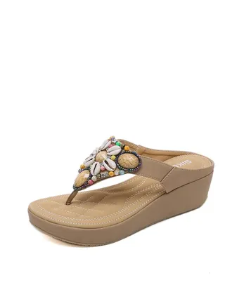 National Style Beach boho Retro Beaded Wedges Sandals Brown 