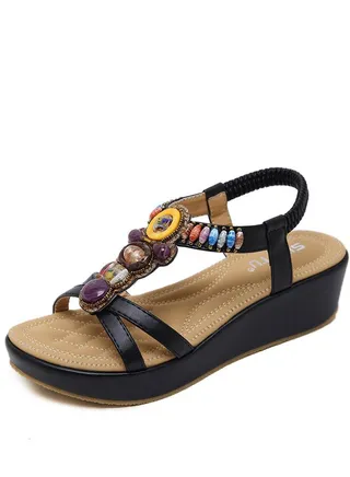 National Style Beach boho Retro Beaded Wedges Sandals Black 