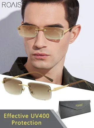 Men's Rectangular Rimless Sunglasses, UV400 Protection Sun Glasses, Fashion Anti-Glare Sun Shades for Men Driving, Fishing, Traveling, Gold, 57mm 