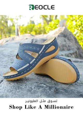Slippers for Women Wedge Heel Fish Mouth Thick Sole Non-slip Comfortable Large Size Shoes Embroidered Decoration Sandals for Women Wear Outside 