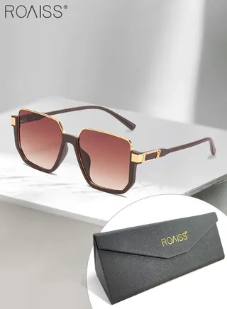 Semi-Frame Square Sunglasses for Men Women, UV400 Protection Sun Glasses with Brown Alloy Frame, Fashion Anti-Glare Sun Shades for Driving, Fishing, Traveling, Gradient Brown Lens 