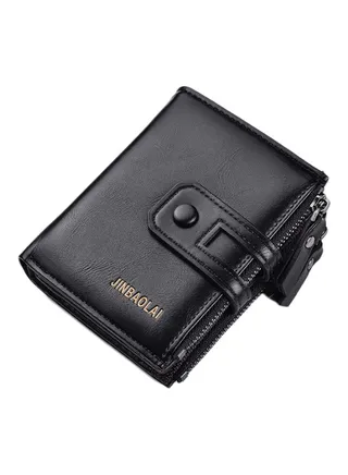 Zippered Leather Mens Wallet Black 