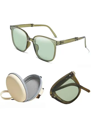 Foldable Sunglasses with Bag Women and Men, Square Folding Easy Carry Foldable Shades UV400 Protection Lens, Sun Protection Sunglasses Suitable for Summer Outdoor Beach Travel Camping, Green 