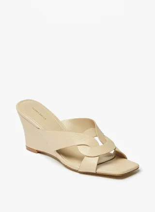 Womens Textured Slip-On Cross Strap Sandals with Wedge Heels 