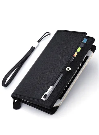Long Wallet for Men Genuine Leather Zipper Wallet with 30 Card Slots|2 ID Windows|RFID Blocking|Wrist Strap|Cash Compartments|Gift Package, Large Capacity Organizer Accordion Wallet, Black 