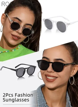 2Pcs Round Sunglasses for Men Women, UV400 Protection Sun Glasses, Fashion Decorative Eyewear for Outdoor Party Street Photography, Black and Clear 