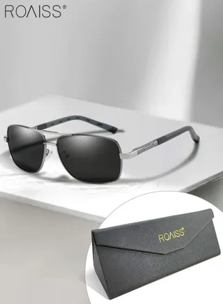 Men's Polarized Rectangular Sunglasses, UV400 Protection Sun Glasses with Metal Frame, Fashion Anti-Glare Sunglasses for Men Driving, Fishing, Traveling, Gun Color Silver, 65mm 