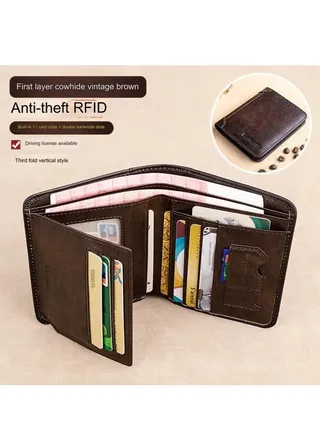Portable Business Men's Genuine Leather Anti-theft Brush Ultra-thin Multi-card Slot Short Wallet Wallet wallet Brown 