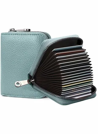 Credit Card Holder Wallet, Light Blue Card Cases, RFID 20 Card Slots Credit Card Holder Genuine Leather Small Card Case, Accordion Wallet with Zipper for Women Men, Wallets Card Cases Money Organizers 