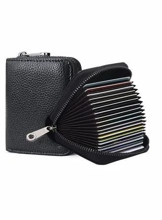 Card Cases, RFID 20 Card Slots Credit Card Holder Genuine Leather Small Card Case for Women or Men Accordion Wallet with Zipper (Black) 