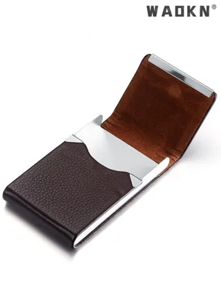 Business Card Holder Case Black Fashion Professional PU Leather Business Card Carrier Luxury Metal Name Card Holder with Magnetic Shut Wallet Credit Card ID Case for Men Women Best Gift Brown 