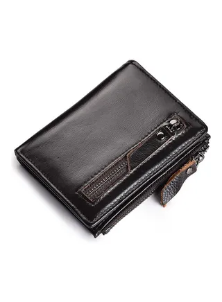 Retro Anti Magnetic Head Layer Leather Zero Purse Wallet Zipper Dark Brown 