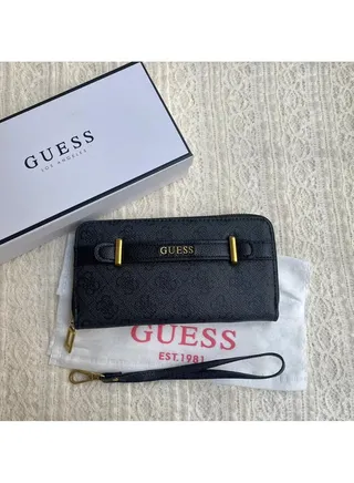 Sestri Logo Minimalist Printed Leather Fashionable Long ID bag wallet with carrying strap Black Print 