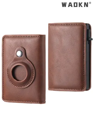 AirTag Wallet, Minimalist Pocket-Sized Genuine Leather Credit Card Holder with RFID Technology, Slim Money Clip and Smart Wallet for Men, Accessory & Case for Apple Air Tag (Brown) 