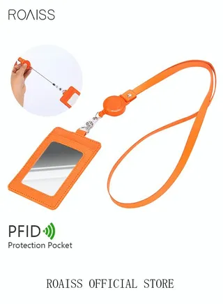 Unisex Leather ID Card Holder Wallet Case with Lanyard Strap Additional Retractable Badge Reel and 3 Cards Slot for Work School Orange 
