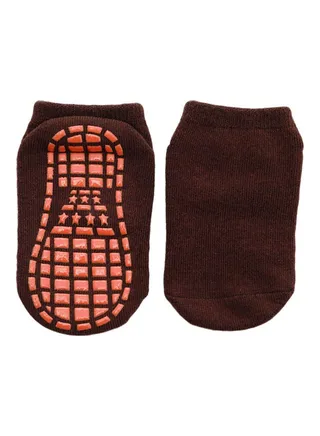 Solid Color Kids Girl Boy Anti Slip Breathable Elastic Sports Ankle Floor Socks Coffee 