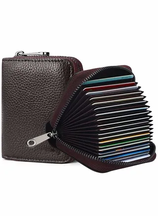 Card Cases, RFID 20 Card Slots Credit Card Holder Genuine Leather Small Card Case for Women or Men Accordion Wallet with Zipper (Brown) 