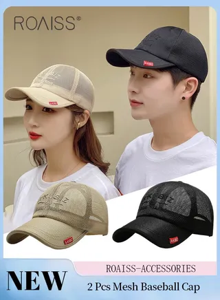 2 Pcs Summer Mesh Baseball Cap for Men Women Adjustable Breathable Cap Outdoor Sports Quick Dry Cool Running Hat Casual Trucker Hat Khaki and Black 