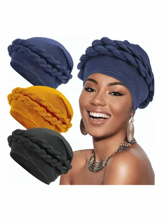 3 Pieces African Women Turban Cap Head Wrap Knot Pre-Tied Bonnet Braid Turban for Women, Multicolored, One Size 